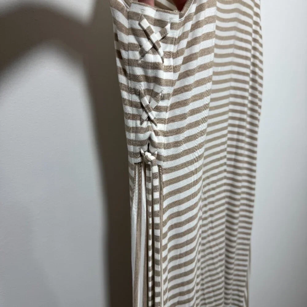 Chico's Women's Sleeveless Tank Midi Dress Side Ties Beige/White Striped Sz 4 2X - Picture 2 of 5